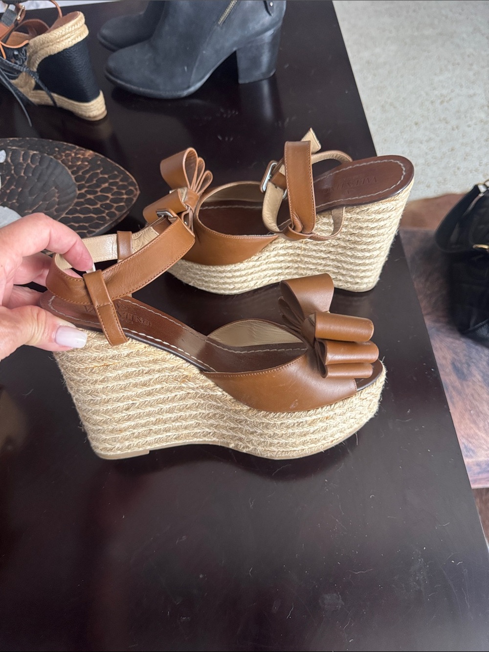 Valentino Tan Leather Bow Espadrille Wedge Sandals